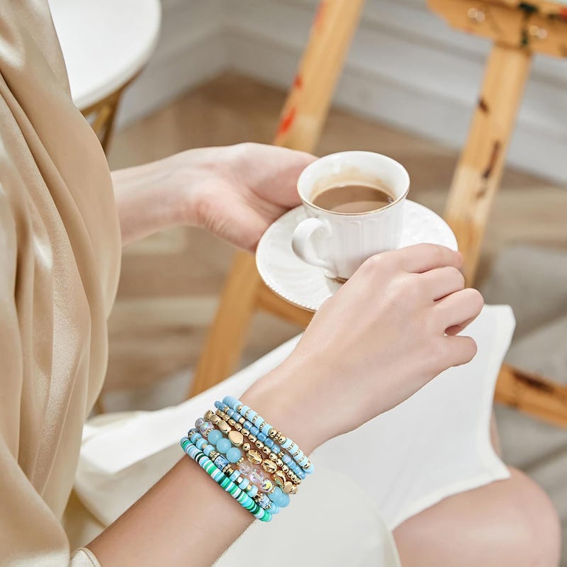 GOOJIDS Surfer Heishi Clay Bead Bracelets for Women Bohemian Stackable Gold Plated Beaded Stretch Bracelets Elastic Layering Friendship Bracelets Set Boho Jewelry - Image 5